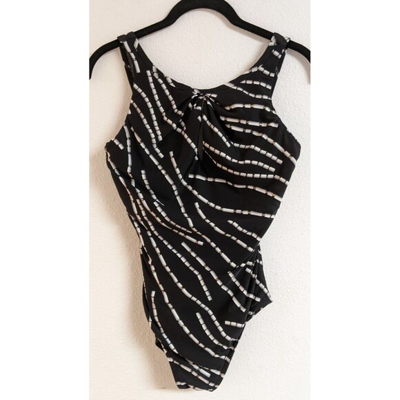 Wmn's MIRACLESUIT One-Piece Keyhole Front Black/White/Gold Metallic Swimsuit 10 - Picture 1 of 9
